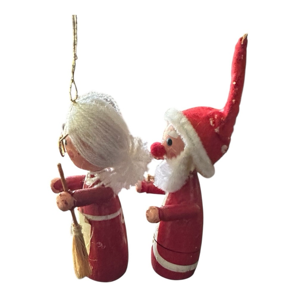Vintage Santa & Mrs Claus Wood Peg Doll Christmas Ornaments Set of 2 - Picture 4 of 5